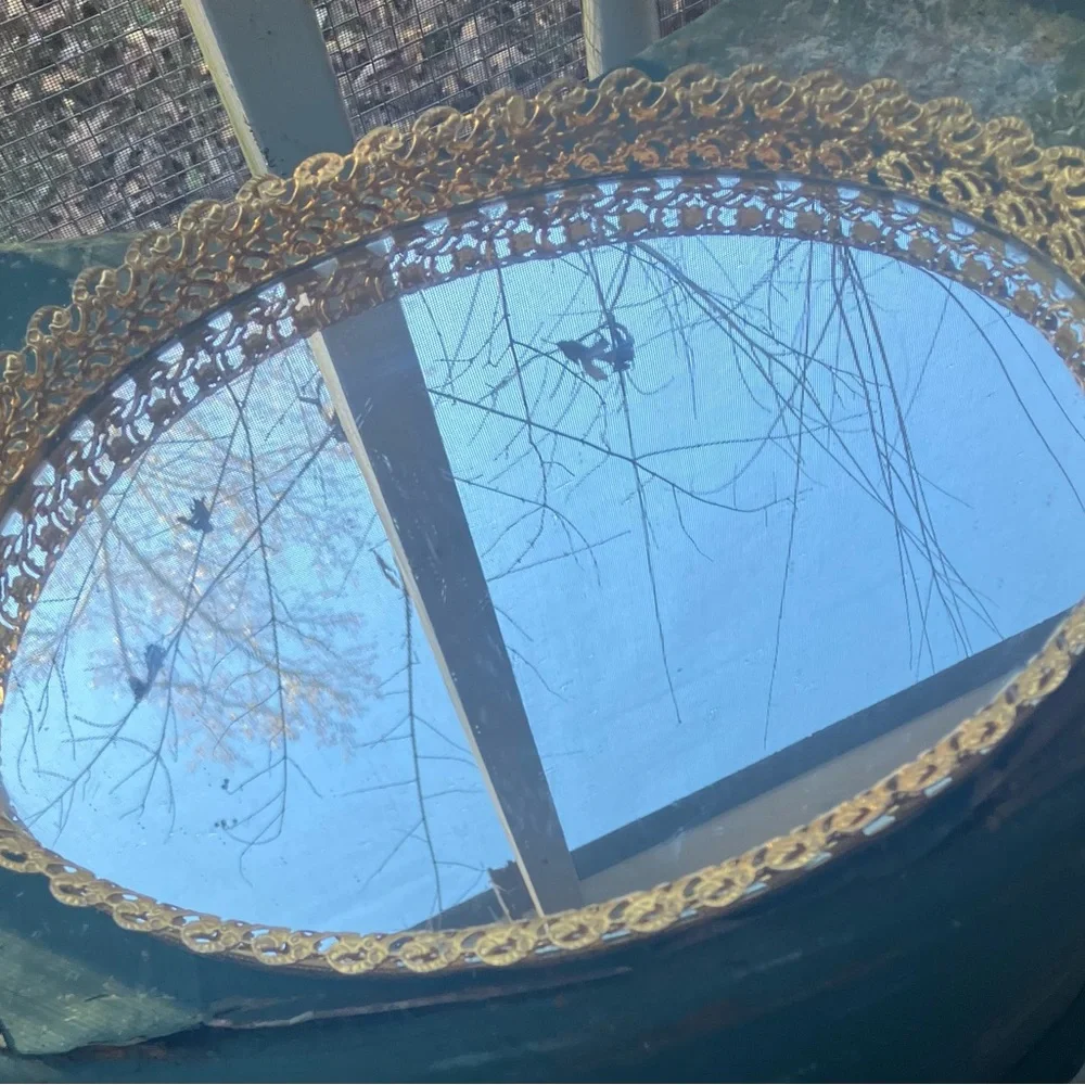 Vintage Gold Tone Filigree Oval Mirrored Tray